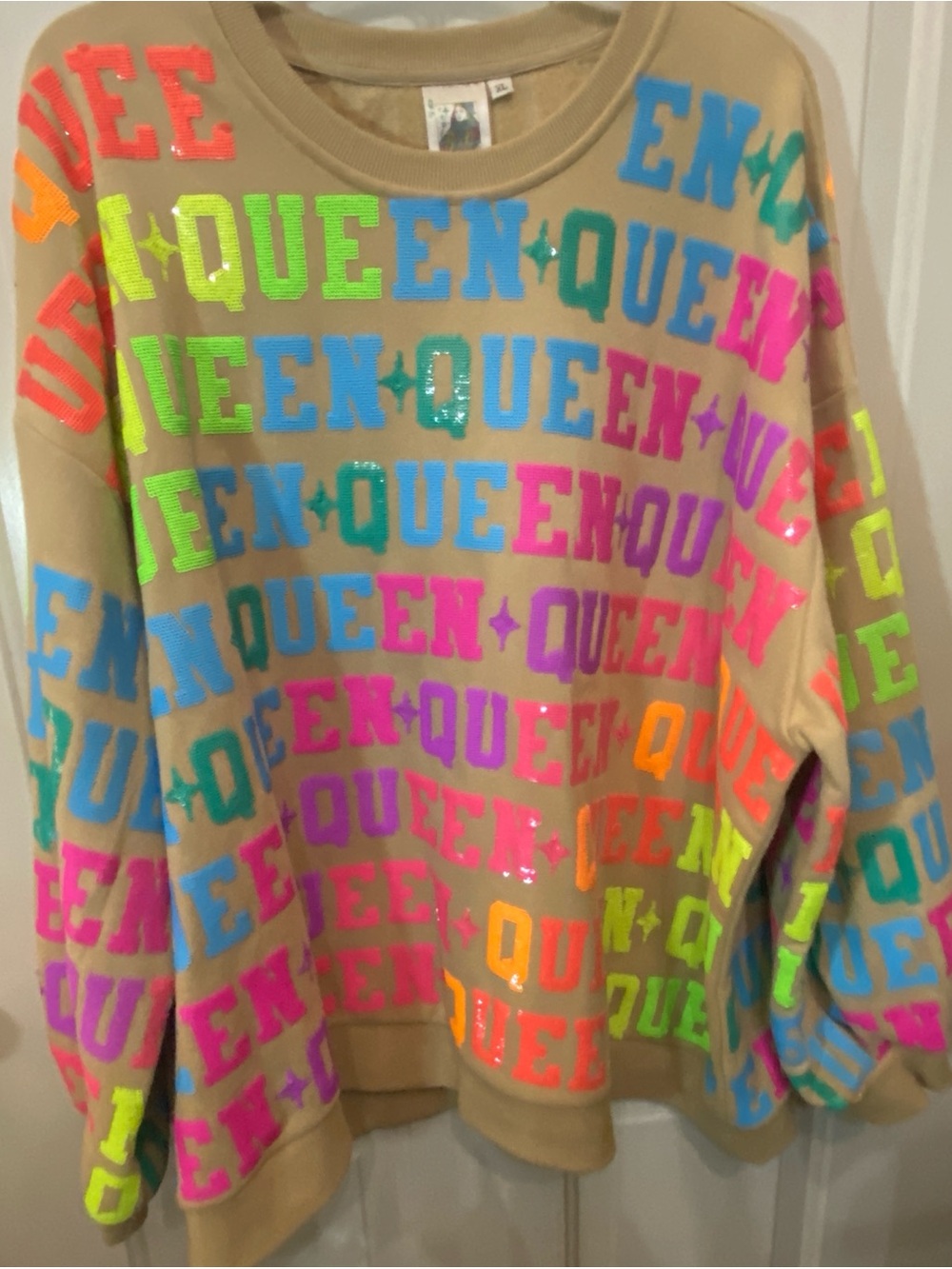 QUEEN OF SPARKLES Neon Queen All Over Sweatshirt in Tan NWOT